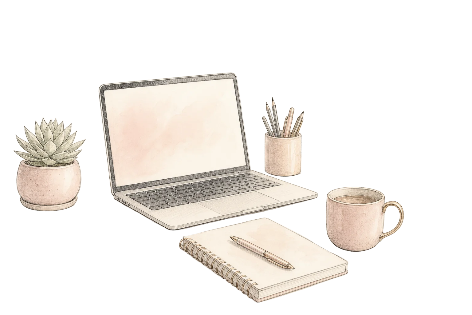 A welcoming office desk with laptop, notebook, coffee, plants, and books